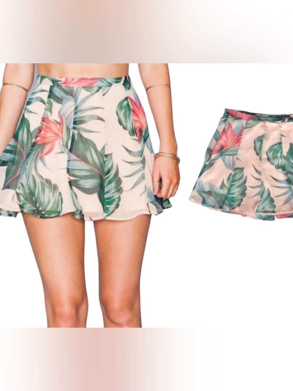 Show Me Your MuMu Floral Leaf Print Mini Skirt in Cream, Green & Pink